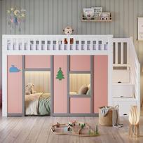 Aukštos lovos 90x200 cm, baltos ir rožinės spalvos, su laiptais su sandėliavimo vietomis, LED apšvietimu, žaidimų zona, apsauga nuo kritimo ir dekoratyviniais motyvais vaikų kambariui 252.5 x 95 x 142 cm