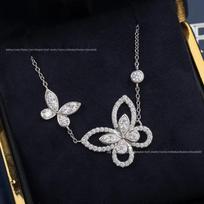 Double Butterfly Diamond Necklace - 925 Silver, Light Luxury Clavicle Chain for Women gray