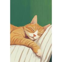 Cozy Cat Whimsical Sleeping Cat Poster Canvas Painting Print Wall Art, Green and Orange Aesthetic Contemporary Home Decor 21X30CMNo Framed beige