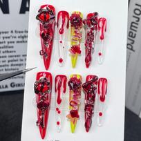 Gothic DarkRose Press-On Nails LongShape False Women Floral Butterfly 3D Relief Design Small red