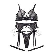 Women's Sexy Ultra-Thin Lingerie Set Star Embroidery Hollow Out Chain Decor Push-Up Breathable Bra & Panty Set S juoda