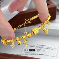 Luxury 24K 9999 Pure Gold real gold Women's Point Drill Brushed Four Mans Star Bucket Bead Bear Coil Bracelet auksas