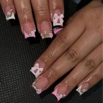 24Pcs French Pink Short Square Press On Nails With Flower Rhinestone Design Ready To Wear False Nail Tips brown