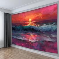 Vibrant Magenta Sunset Ocean Wave Tapestry: Artistic Coastal-Themed Wall Hanging for Home Decor 150x130cm red