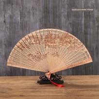 Heshantang Fan 7-Inch Imitation Sandalwood Fan Burma Fragrant Wood Wooden Craft's Fan Sub Full Wooden Craft's Fan Gift Fan Hangzhou West Lake Craft Red Board Wood-Water Town (Gift Box) raudona