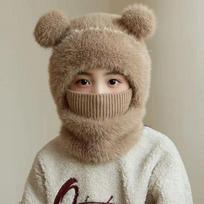 Kids Winter Balaclava Hat Scarf Combo Cute Bear Ears Hooded Cap Fleece Face Mask Neck Warmer for Boys Girls Winter Warm Protection 1pc(45-53cm) chaki
