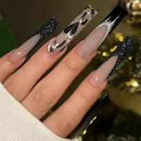 Long Press-On Nails With Heart Design Glitter French Tip Sweet Punk Style Women Gel Adhesive Type brown