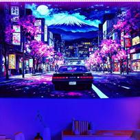 Neon City Mount Fuji Tapestry Modern Japanese Landscape Wall Hanging Polyester Living Room Bedroom Home Decoration 100X70CM blue