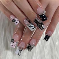 24Pcs Mid Length Coffin Press On Nails Black Gothic Metal Bow Heart Polka Dot French Fake Nails black