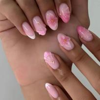 24Pcs Short Almond Press On Nails Pink Gradient Flower Pearl Design Fake Nails Stylish False Nail Art Tips brown