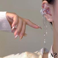 Stylish Zircon Moon and Star Long Tassel Ear Clip without Piercing, Luxury Ear Cuff for Female, Perfect for Parties gray