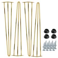 Set of 4 Hairpin furniture legs, height 71 cm, 3 rods, gold chrome color with plastic feet