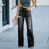 Women High Waist Ripped Wide Leg Jeans Vintage Was Distressed Denim Trousers Street Casual Long Pants S gray