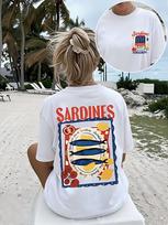 Italian Summer Sardines Graphic T-Shirt Women Mediterranean Vacation Style Short Sleeve Tee Retro Lemon Tomato Food Art Top 3XL balta