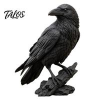 Matinės juodos varnos dekoras Realistiška gotiška varnos figūrėlė, dervos statulėlė Helovino stalo dekoravimui, tamsus baisus ornamentas namų biuro knygų lentynai A black