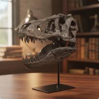 Dervos Dinosaure Skeletas Atvertas Žandikaulis Skulptūra Metalinis Stovas gray
