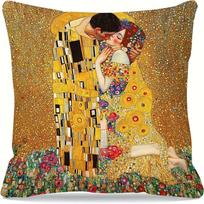 1Pc Gustav Klimt The Kiss Polyester Throw Pillow Cover 2D Double-Sided Print, Decorative Cushion Case For Bedroom Living Room, P Peach skin 18*18(CM)-1Pcs beige