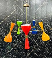 Mid Century Modern Sputnik Chandelier: Adjustable 6-Arm Brass Pendant Light raudona