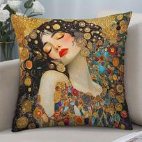 1Pc Gustav Klimt Style Sleeping Beauty Printed Throwpillow Cover,Suitable For Sofa,Bedroom,Livingroom,Luxury Gift For Art Lovers Peach skin 18*18(CM)-1Pcs black