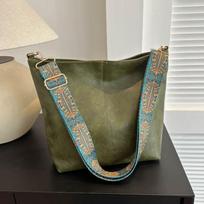 Vintage Women Tote Bag Fashion PU Shoulder Sling Bag High-Capacity Simple Wide Strap Bucket Crossbody Bag žalia