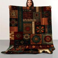 1pc Warm And Vibrant Retro Floral And Geometric Pattern Printed Flannel Blanket, Soft, Comfortable, Luxurious Bedding Item Suitable for Home, Camping, 75X95CM black