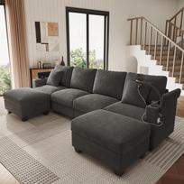 U-shaped sectional sofa with sleep function, corduroy with phone holder and USB charging port, suitable for living room, bedroom and apartment, Gray 275.5 x 139 x 87 cm pilka