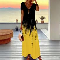 Women Plus Size V Neck Short Sleeve Maxi Dress Black Yellow Brush Gradient Print Loose Long Dress XS black
