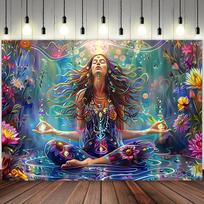 Psychedelic Meditation Tapestry, Vibrant Print with Lotus Flowers & Nature Goddess, Wall Art for Living Room, Mystical Bohemian 100X70CM white