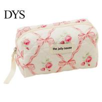 Easy Carry Cosmetic Pouch Bag Large Capacity Zipper Closure Rose Bow Print Cotton Quilted Portable Storage Lightweight Lipstick Eyebrown Pencil Makeup S rožinė