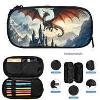Fantasy Mythical Dragon And Castle Pencil Cases for Students School Pen Box Pencil Bag Big Capacity Pencil Pouch 21x10.5x5cm gray