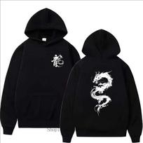 Men Dragon Printed Hoodie Autumn Winter Men Clothing Casual Harajuku Long Sleeve O-Neck Fleece Pullover Sweatshirts S black