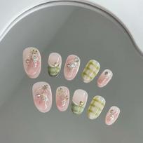 10Pcs Short Handmade Pink Press on Nails Spring French Rhinestone Full Cover Fake Nail Plaid Manicure Wearable Nail Tips Art gray