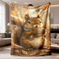 2026 Latest Flannel Blanket 1pc Cozy Squirrel Print Flannel Blanket Soft, Warm, and Machine Washable Polyester Throw for Home, Bedroom, Office, or Tra 100X130CM beige