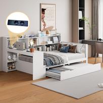 Sofa lova, medžio masyvas, 90*200 cm, Su rašomuoju stalu, Knygų lentynomis, Sandėliavimo skyriais, Lentynomis, Su elektros lizdu, Lova su ištraukiama lova, Medinė lova, Balta 245.5 x 114.5 x 100 cm balta
