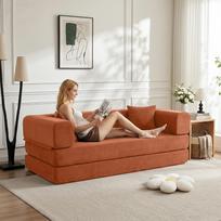 Transformuojama miegamoji sofa-lova su cilindriniu pagalviu, veliūrinė sulankstoma čiužinio sofa su fiksuotos formos rėmu (Oranžinė Raudona) 200 x 100 x 70 cm oranžinė