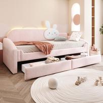 Vaikų sofa-lova 90 x 200 cm, Su daiktadėže, LED apšvietimu, Atlošas su zuikio pagalve, Paminkštinti porankiai, Aksominis audinys, Rožinė 212 x 97 x 106.5 cm rožinė