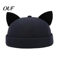Brimless Cat Ear Hat Hat, Cute Docker Cap, Adjustable Skullcap, Stylish Accessory Sailor Cap for Women Men Street Casual Wear Size black