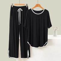 Women Summer Solid Sleep Lounge Pajama Short-Sleeve Pajama Sets Cartoon Pyjamas Polyester Sleepwear Fashion M juoda