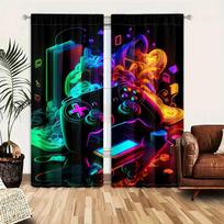 Set Of 2 Luminous Gamepad Pattern Curtains Polyester Drapes Gamer Decor Home Window Treatments Curtain Blackout Made With Rod Pocket W100*H70(CM)-Rod Pocket&2PCS blue