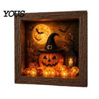 Halloween Party Decorations DIY Lighted Ghost Shadow Box Kit, Wooden Frame LED Warm Light, Gothic Craft Gifts for Adults Memory with Crystal black