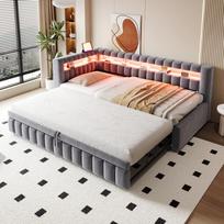 Apmuštas ištraukiamas miegamasis sofa 90*200 cm, su LED apšvietimu, galvūgaliu ir atlošu, dryžuotas raštas, USB įkrovimo prievadas, tamsiai pilkas aksomo audinys 211.5 x 102 x 79 cm pilka