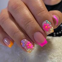 24Pcs Simple Square Short French Press On Nails Colorful Flower Design Full Cover Fake Nail Tips With Manicure Tools brown