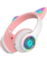 Vaikiškos belaidės ausinės RETOO E807 su katės ausytėmis, Bluetooth 5.0, RGB LED, microSD, rožinės