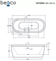 Vonia Besco Victoria, 185 x 83 cm, su sifonu su pripildymu juodu