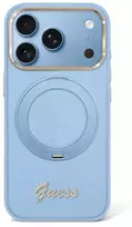 Dėklas Guess IML Ring Stand 360 Script Metal Logo MagSafe Case, skirtas iPhone 17 Pro Max / 18 Pro Max - Šviesiai mėlyna