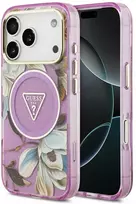 Dėklas Guess IML Glitter Flowers Triangle MagSafe Case for iPhone 17 Pro / 18 Pro - Violetinė