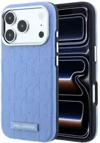 Karl Lagerfeld Grūdėtos tekstūros Mono Resin Logo dėklas su MagSafe, skirtas iPhone 17 Pro Max / 18 Pro Max – Šviesiai mėlyna