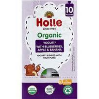 Holle, Ekologiškas jogurtas su vaisių tyre, 8+ mėnesių, su mėlynėmis, obuoliais ir bananais, 10 pakelių po 85 g