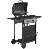 Dujinis grilis 5 kW, 2 degikliai, BBQ vežimėlis, nerūdijantis plienas, su šoniniu staliuku, apatiniu krepšiu, priekiniu dangčiu, termometru, emaliuotomis grotelėmis