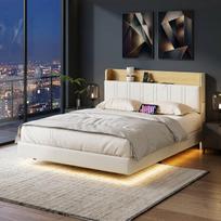 Plaukiojantis Lovos Rėmas 140x190 cm Su Lentų Rėmu Ir RGB LED, PU Minkštas Galvūgalis Su Lentyna, Balta Spalva